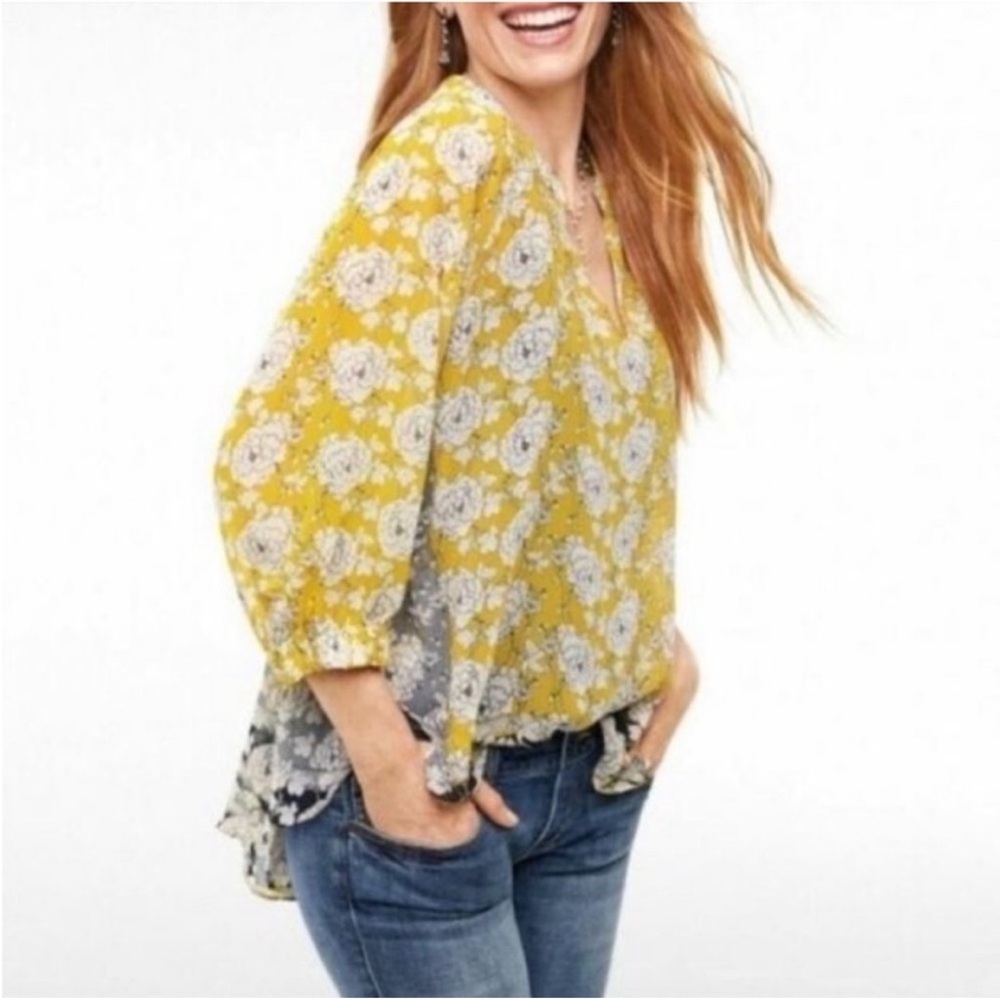CAbi Yellow Floral Mixed-Print Blouse